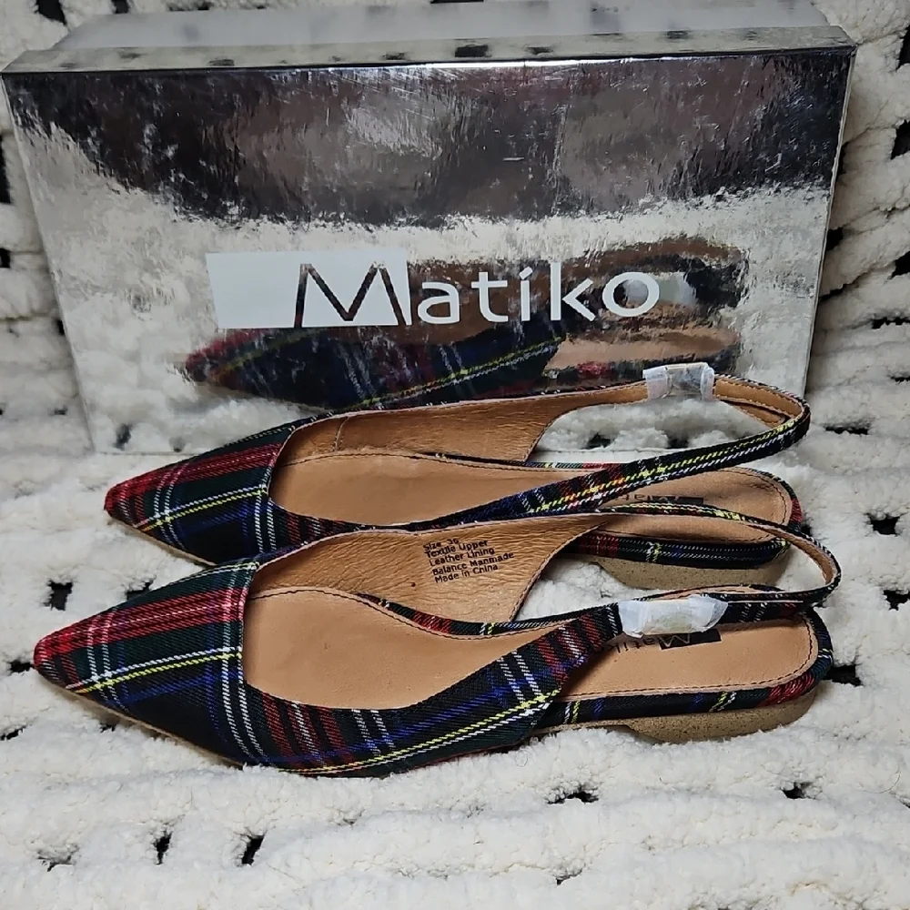 Matiko Lori Point Toe Slingback Flats Green Tartan Plaid New